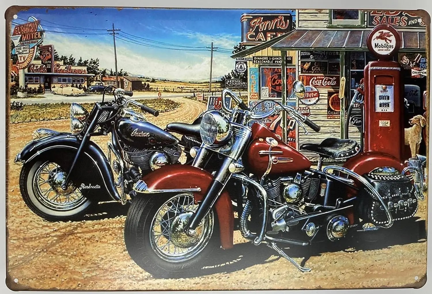Tin Sign | Metal Poster Motorcycles at Gas Station Classic Route 66 8 x 12 in. | Wall Plaque Decoration for Home Bar Room G sign