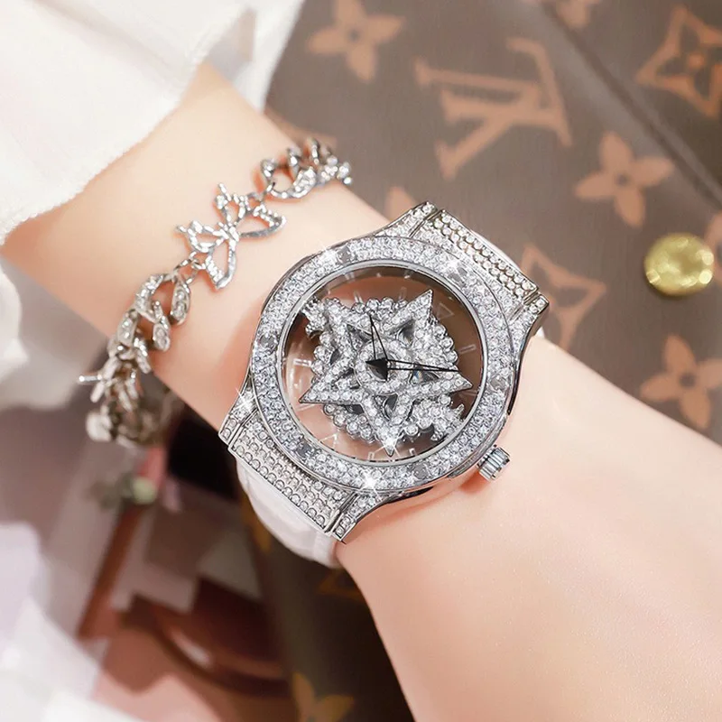 DOM G1230 New Fashion Diamond Trend obrotowy Pentagram skórzane wodoodporne zegarki kwarcowe dla kobiet Relojes Para Damas