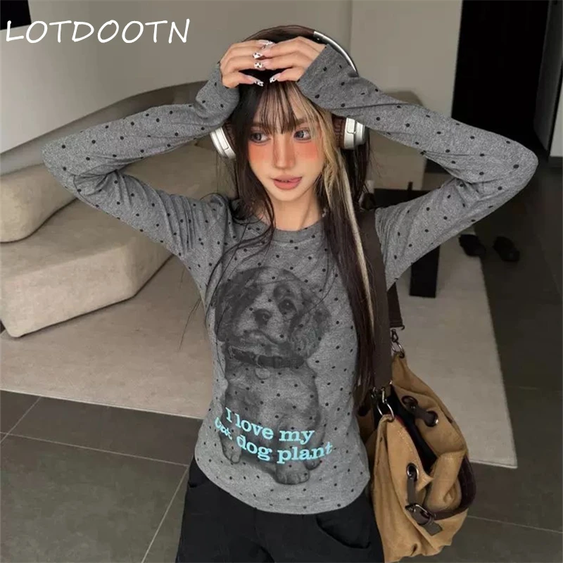 

LOTDOOTN Retro American Polka Dot Dog Print T-shirts Women Long Sleeve Y2k Tops Slim Korean Fashion Casual Pullovers Streetwear