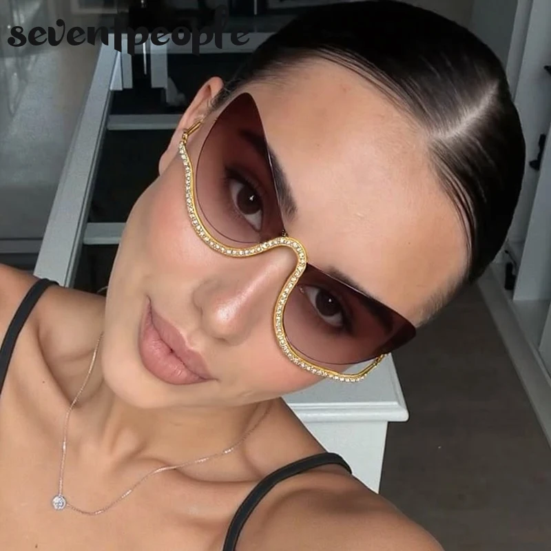 

Sexy Cat Eye Punk Rimless Sunglasses Women 2025 Luxury Brand Vintage Metal Frame Rhinestone Sun Glasses For Lady Eyewear UV400