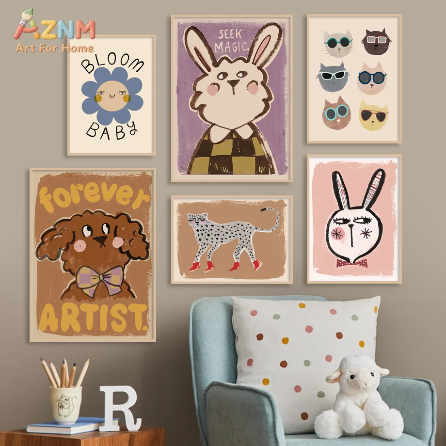 AZNM Frameless Canvas Poster Cartoon Cat With Sunglasses Abstract Rabbit Floral Print, Cute Animal Wall Art Picture for Kids Pla