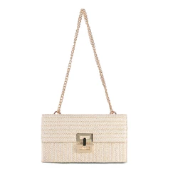 Bolso de paja de sobre fino para mujer, Cartera de mimbre tejida de diseñador, bandolera de hombro para playa, Verano