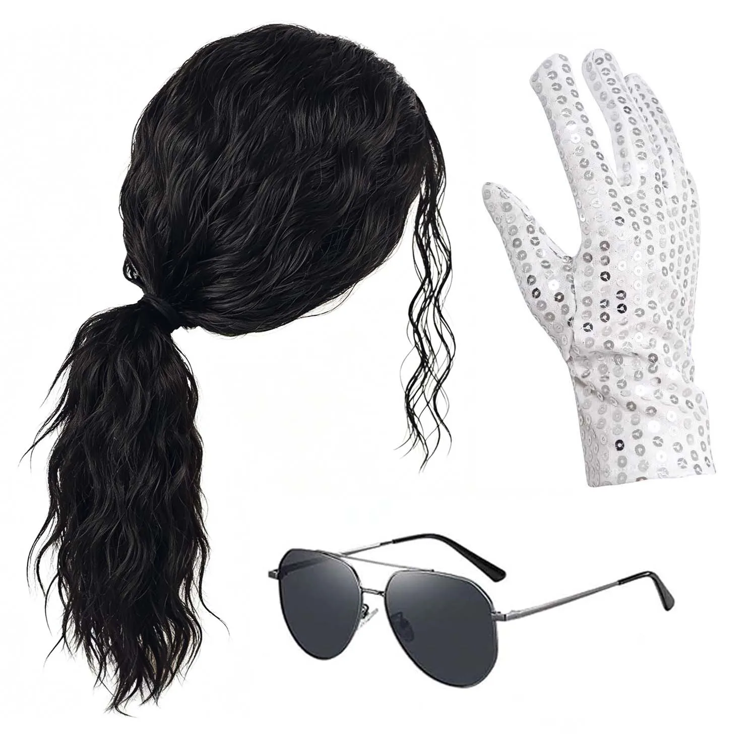 Peruca Sintética Masculina Preta Longa Cacheada + Óculos + Luva, Peruca Estilo Mullet dos Anos 70 e 80 para Festa de Halloween, Peruca de Cosplay Michael Jackson