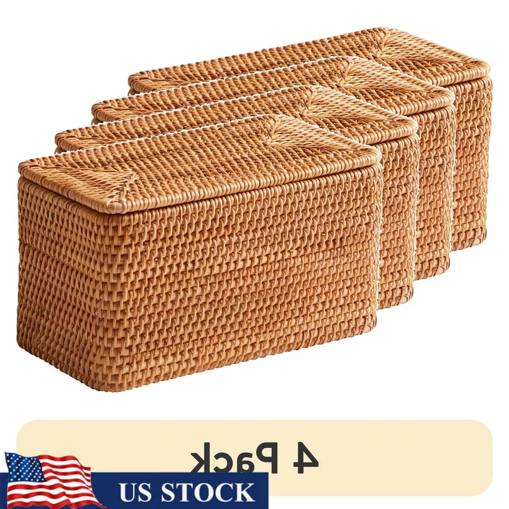 

Rattan Storage Baskets with Lid 4 Pack Decorative Organizer Home Bathroom Bedroom Pantry Stylish Rectangular Baskets