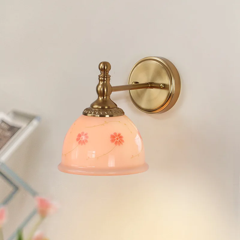 

Romantic Cute Style Glass Bedside Wall Lamp Cream Powder Flower Pattern Living Room Bedroom Lamp Warm Retro Atmosphere Light