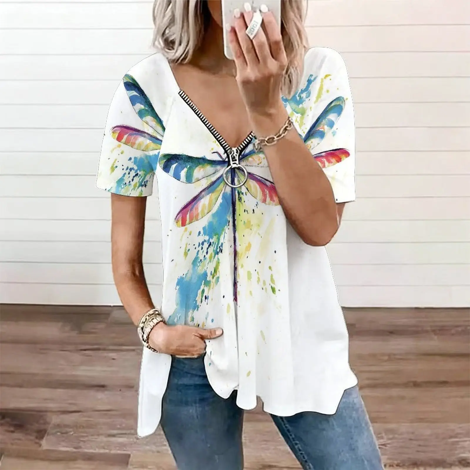 Women Butterfly Floral Print Zip V Neck Irregular Hem Short Sleeve Casual Tunic Tops