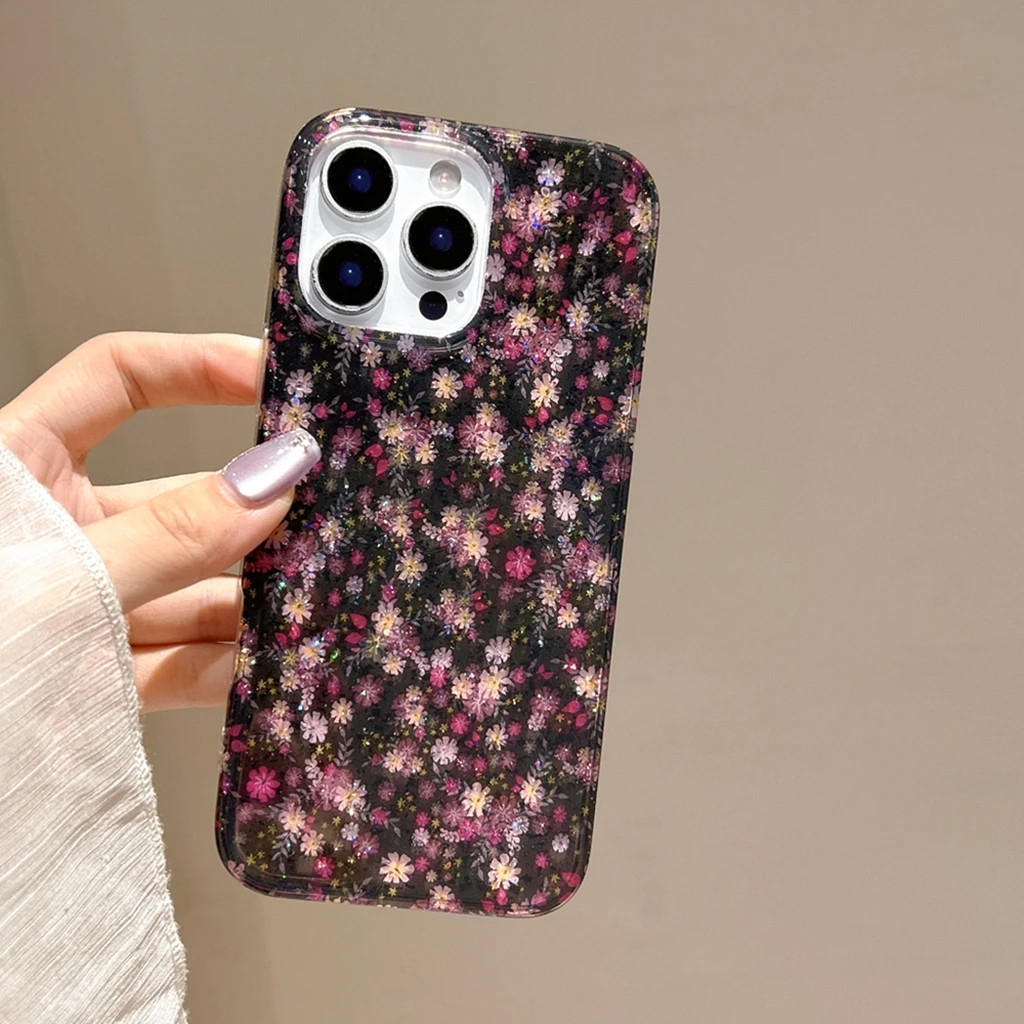Retro Oil Painting Glitter Colorful Little Flowers Shockproof Protective Phone Cover Case for iPhone 17 16 15 14 13 Pro Max Air