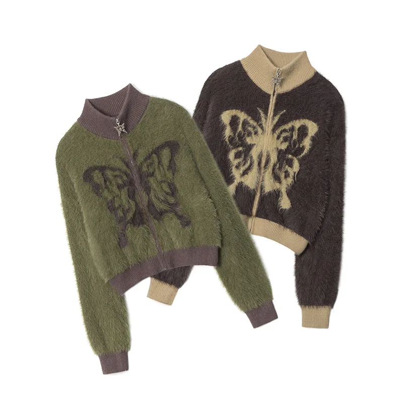 

Mohair standing collar sweater cardigan autumn and winter butterfly embroidery zipper long sleeved spicy girl sweater