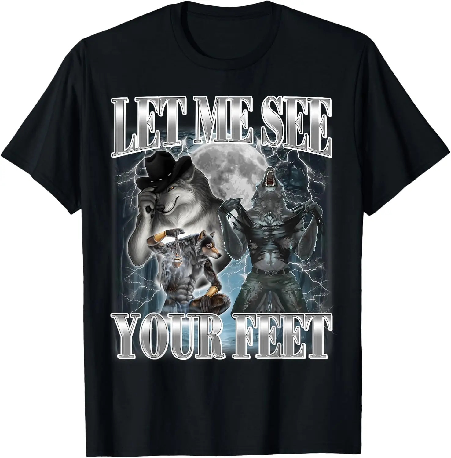 Let Me See Your Feet Alpha Wolf Ironic Meme Stupid Brainrot T-Shirt Versatile, heavyweight pure cotton short-sleeve tee—trendy, thick fabric; a great gift for Christmas or Halloween.