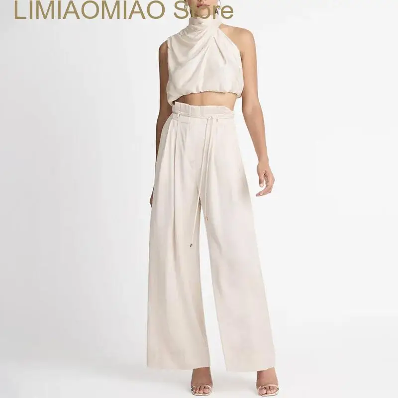 new Women Summer Two Piece Set Outfits Wrinkle High Neck Crop Top Cropped Wide Leg Pants Set Jumpsuits