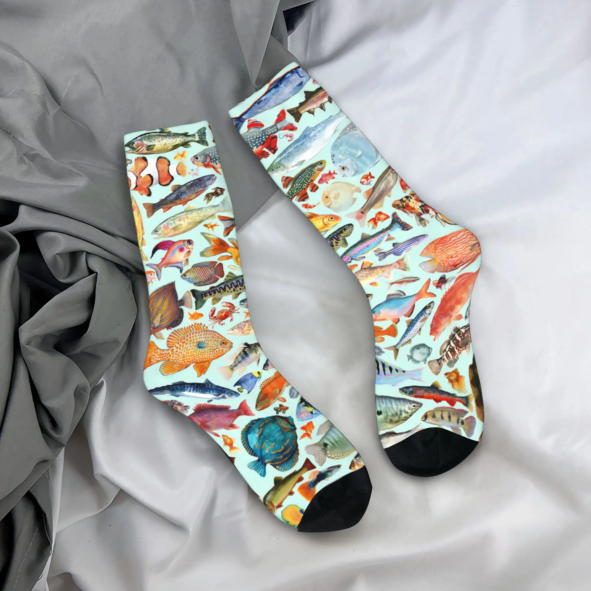 Fish Bait Socks Colorful Printed Fish Fishing Pattern Harajuku Stockings Autumn Anti-Slip Men's Socks Medium Soft Outdoor Socks