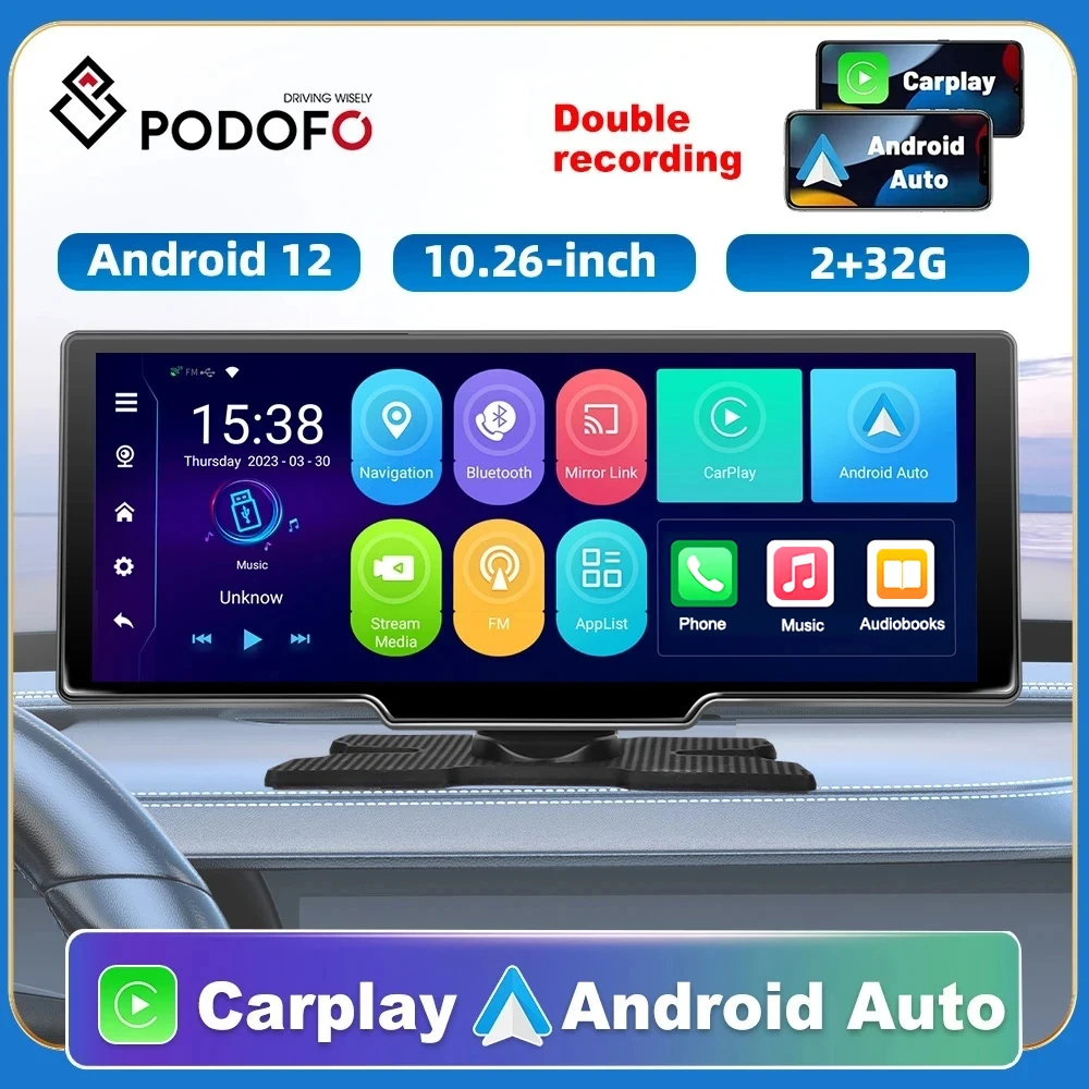 

Podofo Android 12 2G+32G Rearview Camera ADAS Wifi Carplay & Android Auto Video DVR Car Mirror Recorder Dashboard