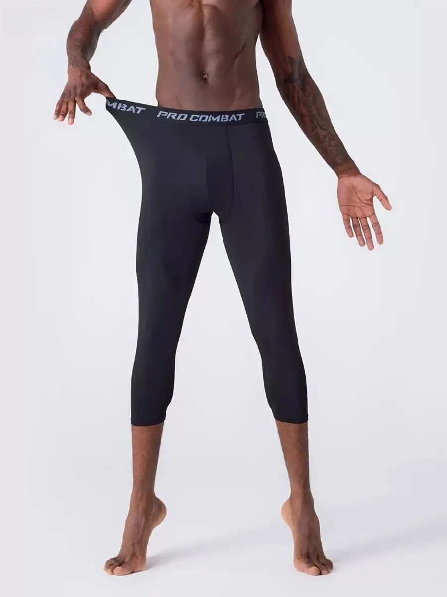 Sportbekleidung Kompressionshose Wadenlang Herren Laufhose Einfarbige Basketball-Leggings Schnelltrocknende Trainingshose mit Elastischem Bund