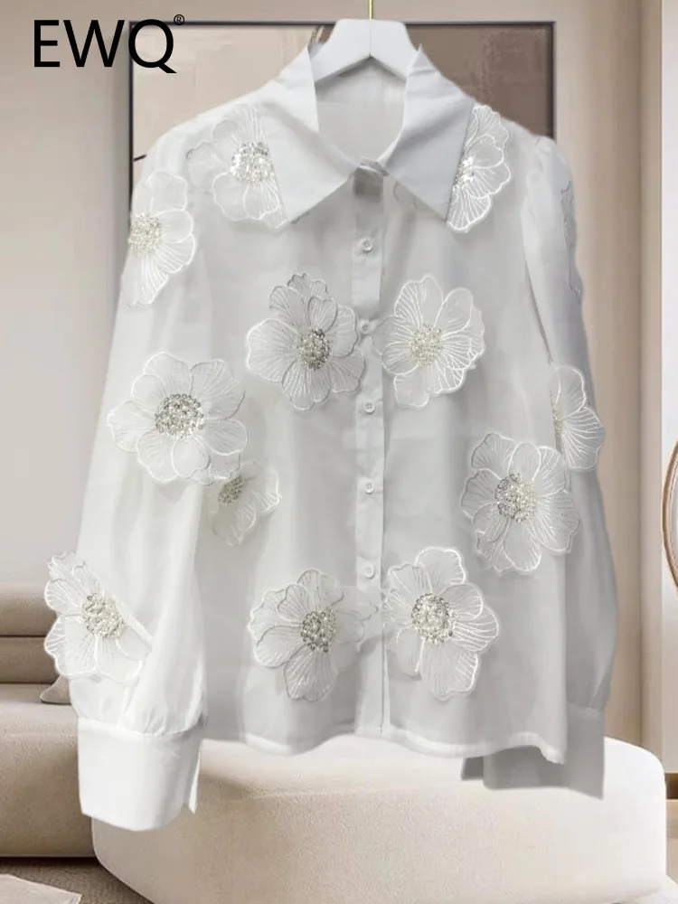 EWQ Sweet Style Women Cardigan Blouse 3D Flower Fold Puff Longsleeve Solid Color Design Shirts Spring Summer 2024 New 27SN5713