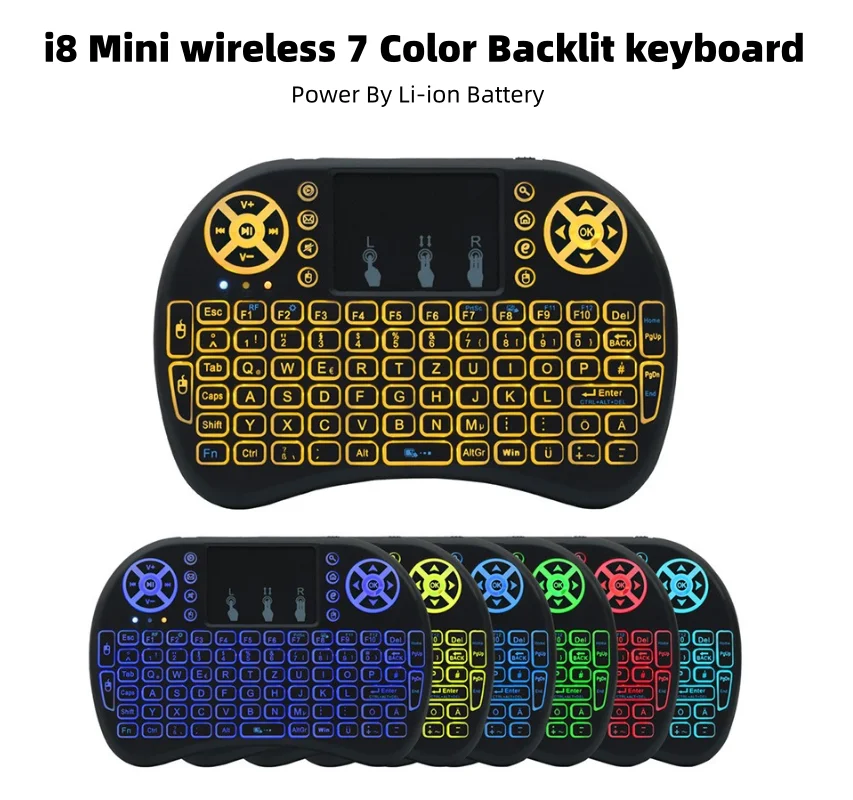 I8 Mini Wireless Rechargeable Keyboard  2.4G Bluetooth  7 Color Backlit English Air Mouse Remote Touchpad For Android TV Box PC