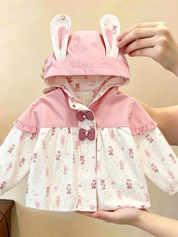Trendy Bear Bow Knot Hooded Jacket for Girls Baby Sweet Style Versatile Top Short Coat Zipper Closure Other Material100%