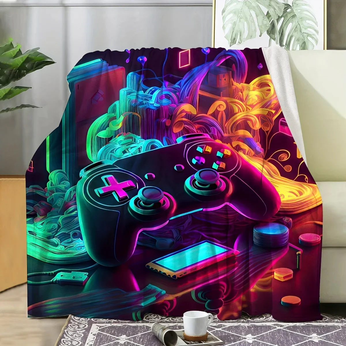 1pc Cool Gamepad Flannel Printed Blanket Contemporary Style Soft And Comfortable Blankets Travel Sofa Bed Office Home Decor Gift
