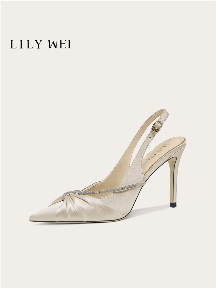 Spring/Summer New Pointed Silk Bow Water Diamond Fine Heel Sandals Banquet Large Size Small Size Widening High Heel Women's Shoe