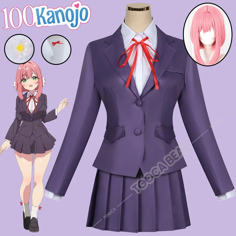 Anime 100 Kanojo Hanazono Hakari Cosplay Costume Wig JK Uniform Skirt Flower Hairpins Socks Halloween Party Women Outfit