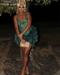 Sexy Green Short Prom Dress For Black Girls 2024 Beaded Crystal Feathers Birthday Party Gowns Mini Cocktail Robe Bal Aso Ebi