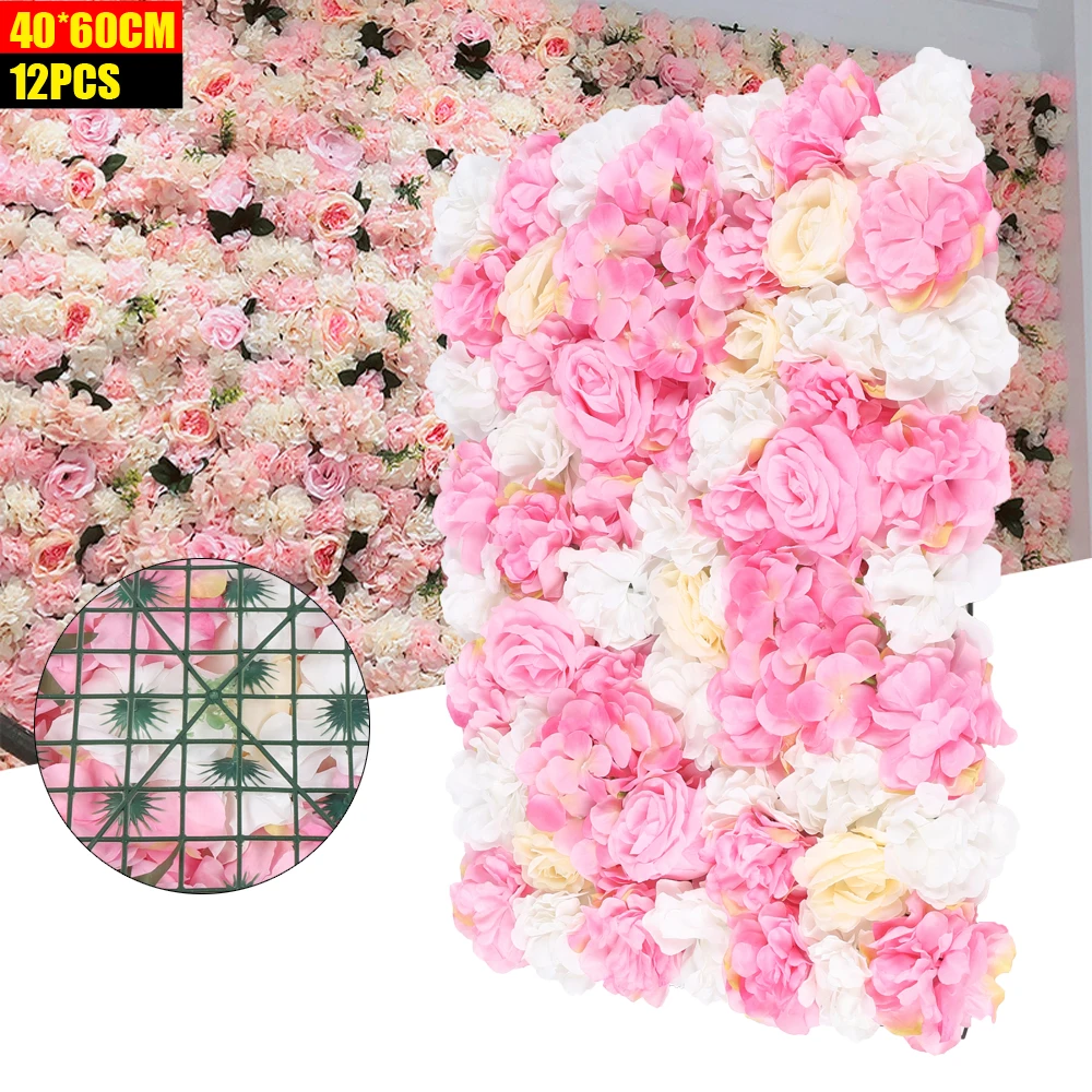 12pcs Artificial Rose Flower Wall Panel Bouquet Wedding Party Background Decoration for Wedding Venue Party Main Street House