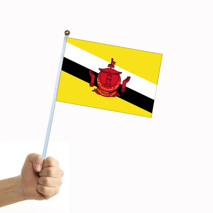 50/100Pcs Brunei National Flag with Pole Hand-held Flags for Wall Decoration 14*21cm Polyester Double-sided Pattern