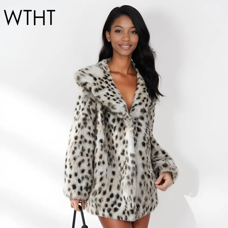 

WTHT Новое модное женское плюшевое пальто с леопардовым принтом из искусственного меха, зима 2021, модная теплая куртка с лацканами и длинными рукавами, женская 1LS2696