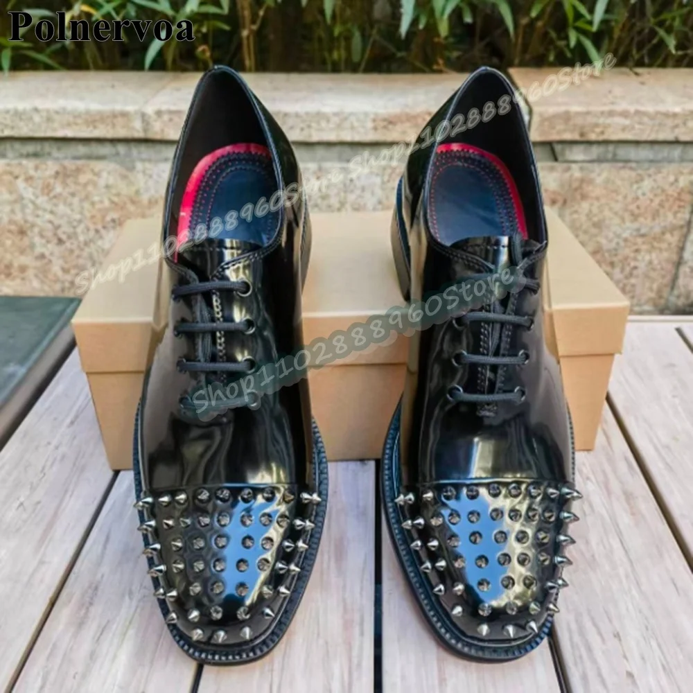 

Advanced Black Glazed Leather Rivet Decoration Pumps Flats Dress Shoes For Men Cross Tied Splicing Banquet Fashionable Men Pumps