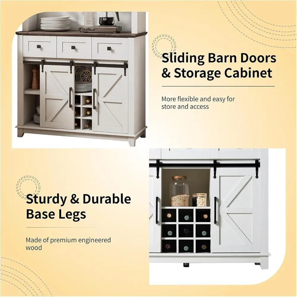 Sliding Barn Door LED Lighted Coffee Bar Wine Cabinet, 3 Drawer Sideboard Buffet, White Storage for Kitchen & Dining