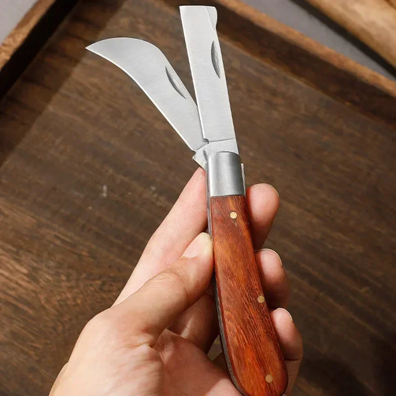 木製ハンドル付き折りたたみナイフ、プロの剪定ナイフ、園芸工具、果樹