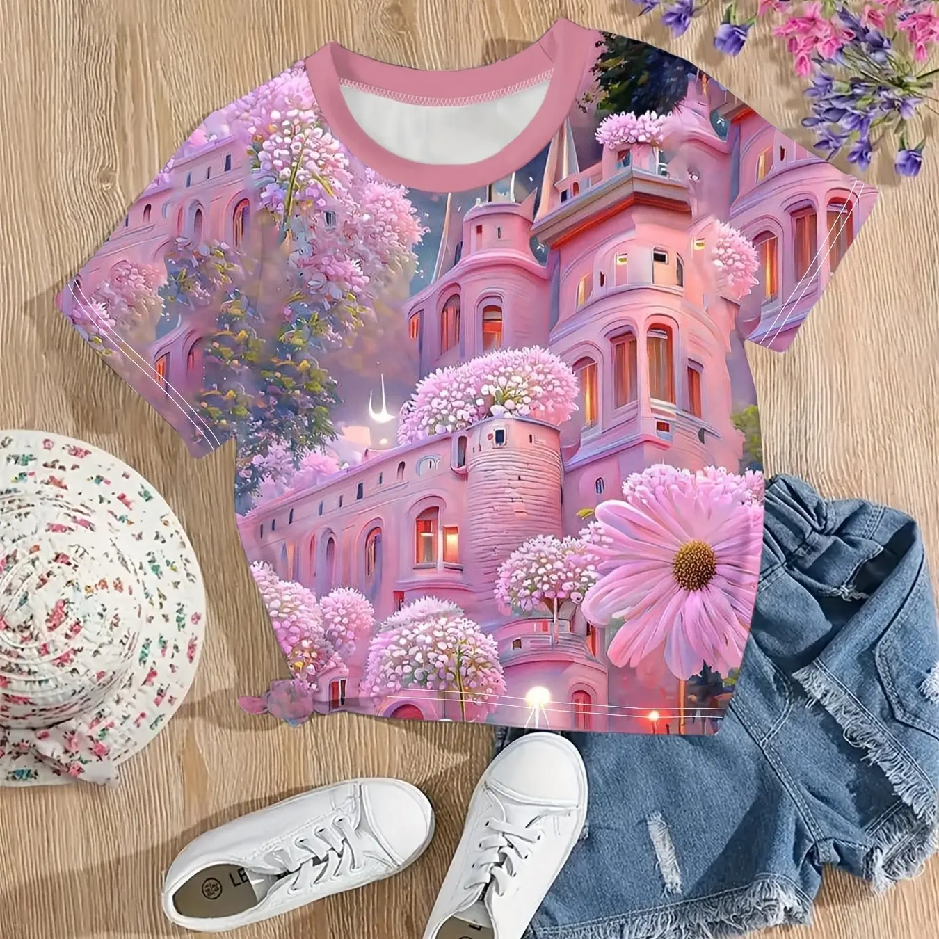 T-Shirt à Manches Courtes et Col Ras du Cou pour Enfant Fille, Vêtement d'Extérieur Décontracté avec Impression Graphique 3D de Maison de Bonbons, Été