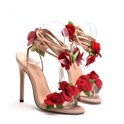 2024 New Satin Rose High Heel Cross Straps Round Head Fine Heel Super High Heel Large Size Strappy Women's Sandals Wedding Shoes