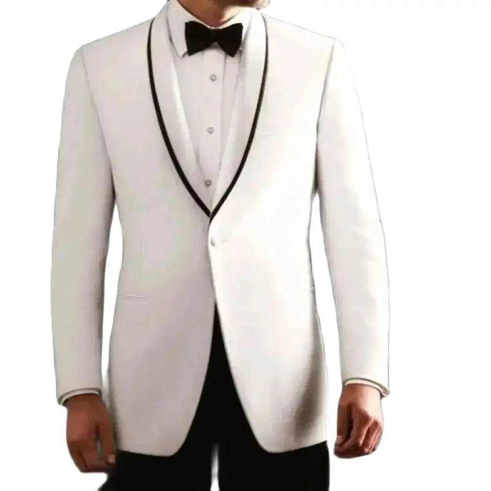 Elegant One Button Men Suits Shawl Lapel White Blazer Black Pants 2 Piece Luxury Wedding Groom Full Set Slim Fit Male Clothing