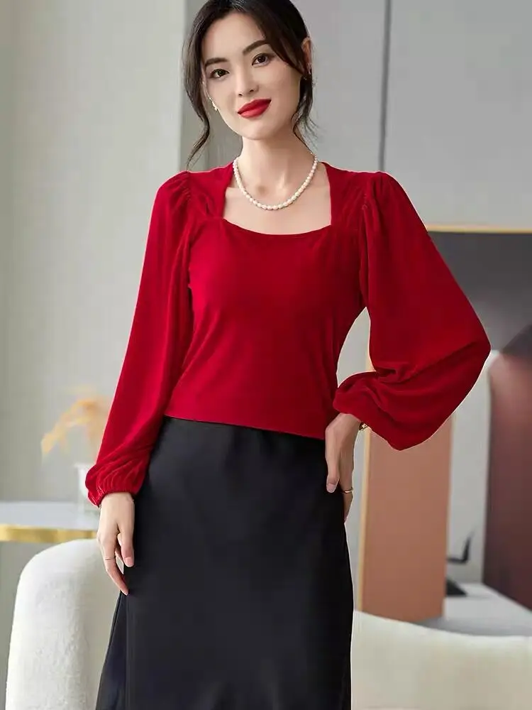 Autunm Women Square Collar Lantern Sleeve Velvet shirt Top Blouse Spring Wine Red Black  Velour Tops and Blouses Plus size 5XL