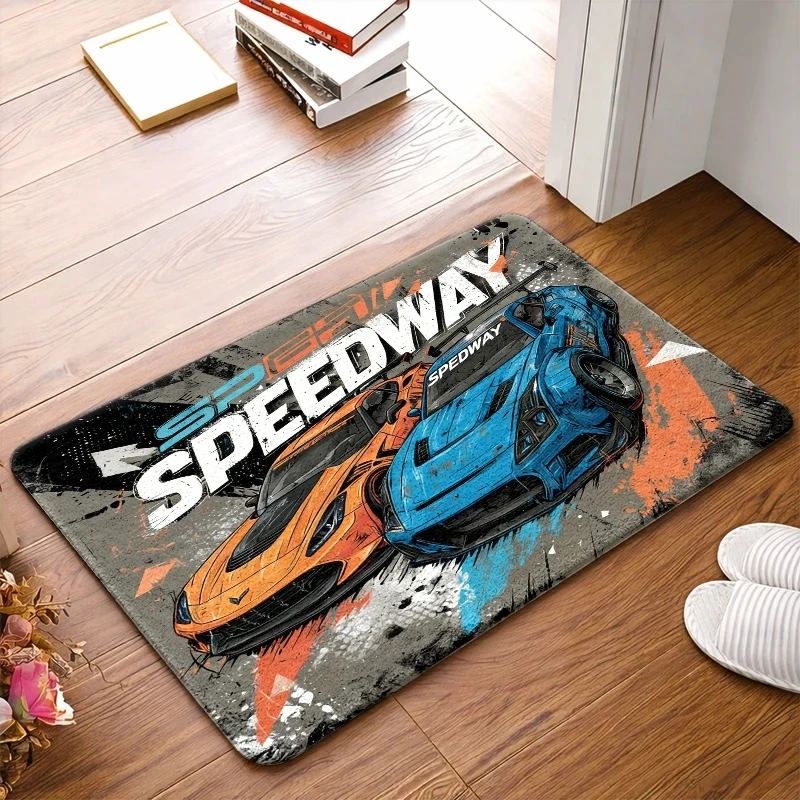 VIKAMA Speedway Racing Sports Car Doormat Graffiti Two Race Car Print Non Slip Water Absorbent Floor Mat Cool Boy Man Cave Garag