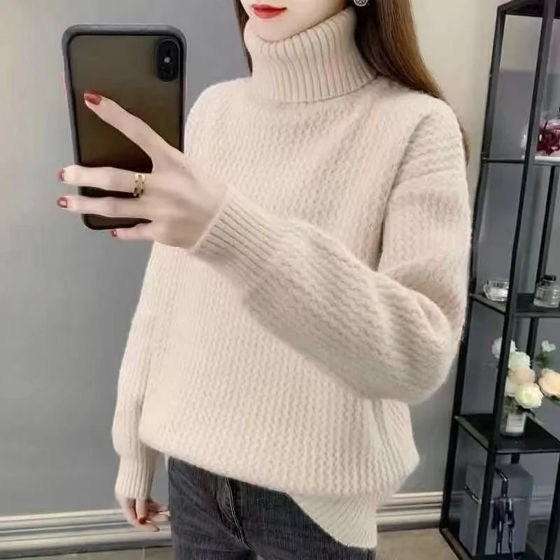 Sweater kerah tinggi, Turtleneck wanita Sweater musim gugur musim dingin Solid elegan tebal hangat lengan panjang rajut pullover wanita kasual atasan dasar E3359