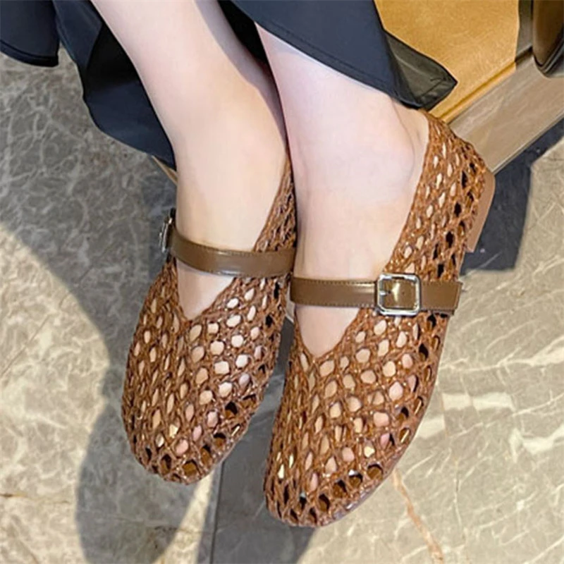 

Eilyken Summer Round Toe Breathable Hollow Out Buckle Strap Women Flats Sandals Fashion BalletMary Jane Mules Loafers Shoes