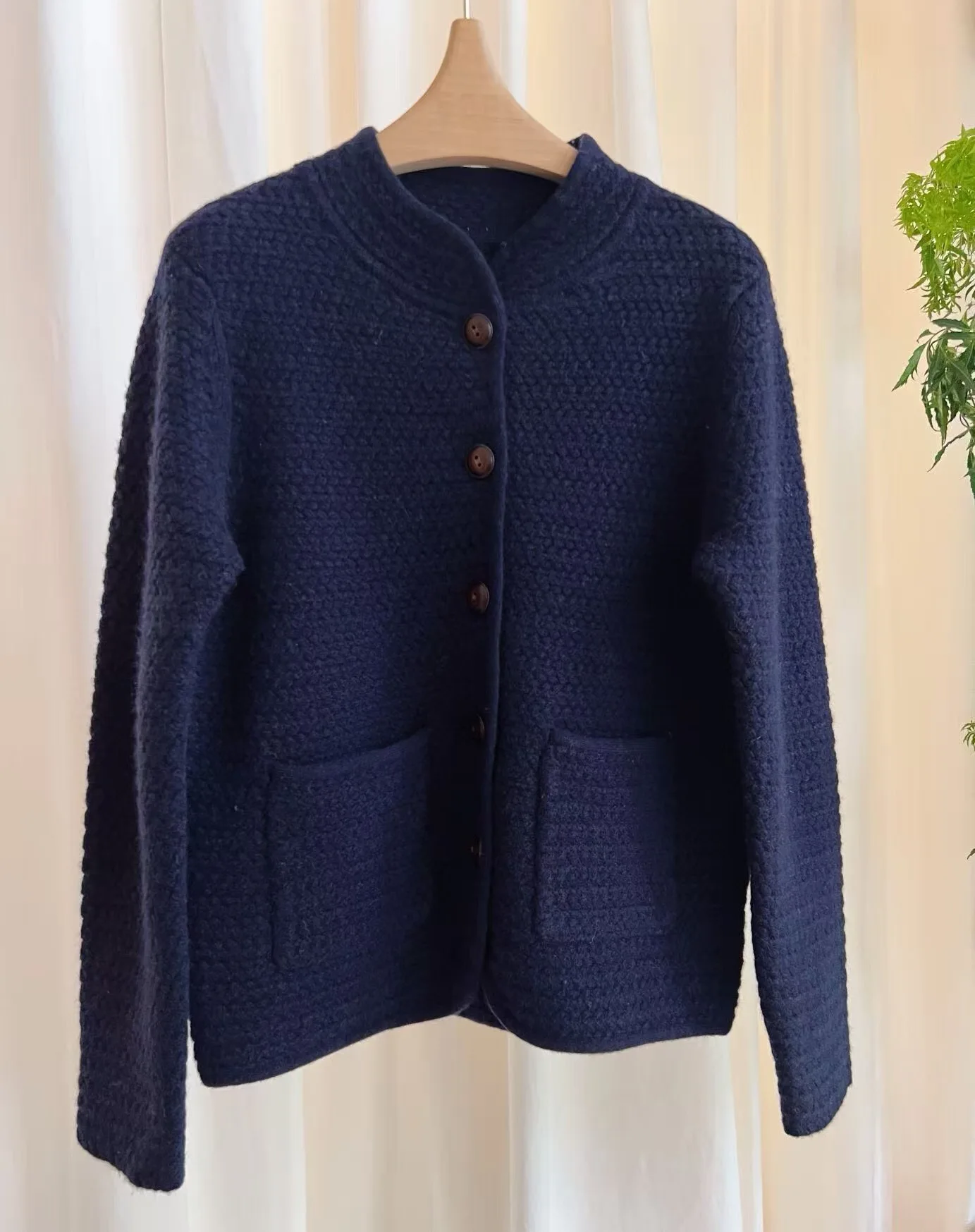 Luxury 100% Wool Cardigan Women Stand Collar Knit Jacket Elegant Textured Pocket Coat Navy Blue Oatmeal Beige 2026