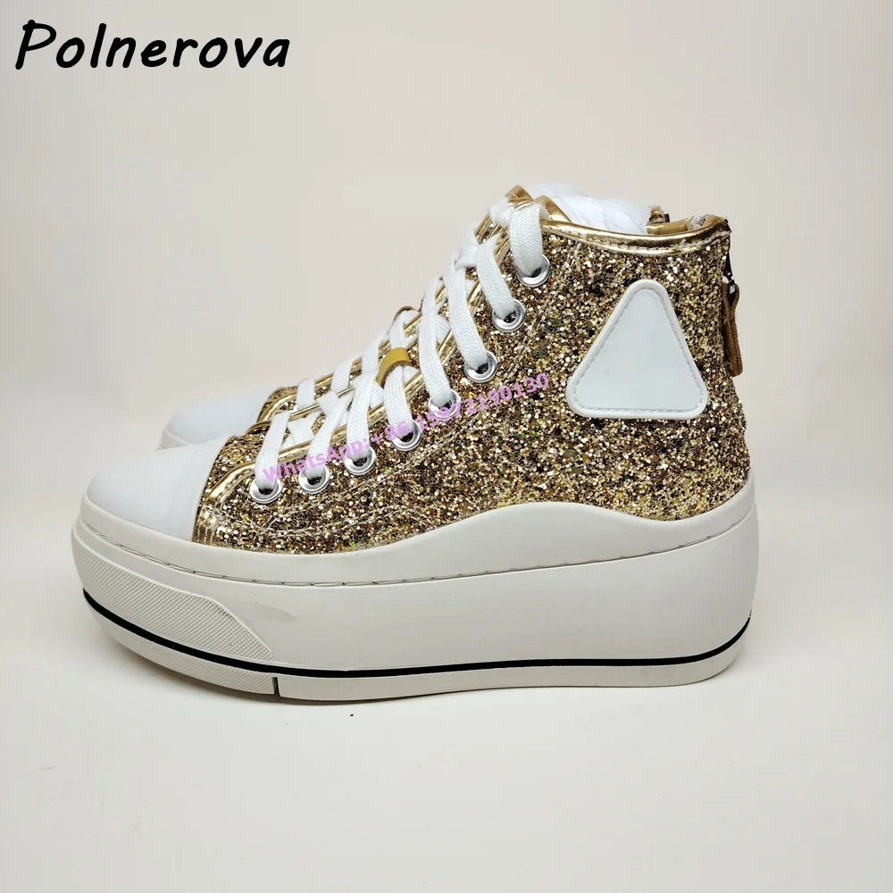 

Glitter Thick Soled Pumps Mixed Color Gold White Round Toe Cross Tied Leisure Shoes High Increase Bling Fashion Sneakers