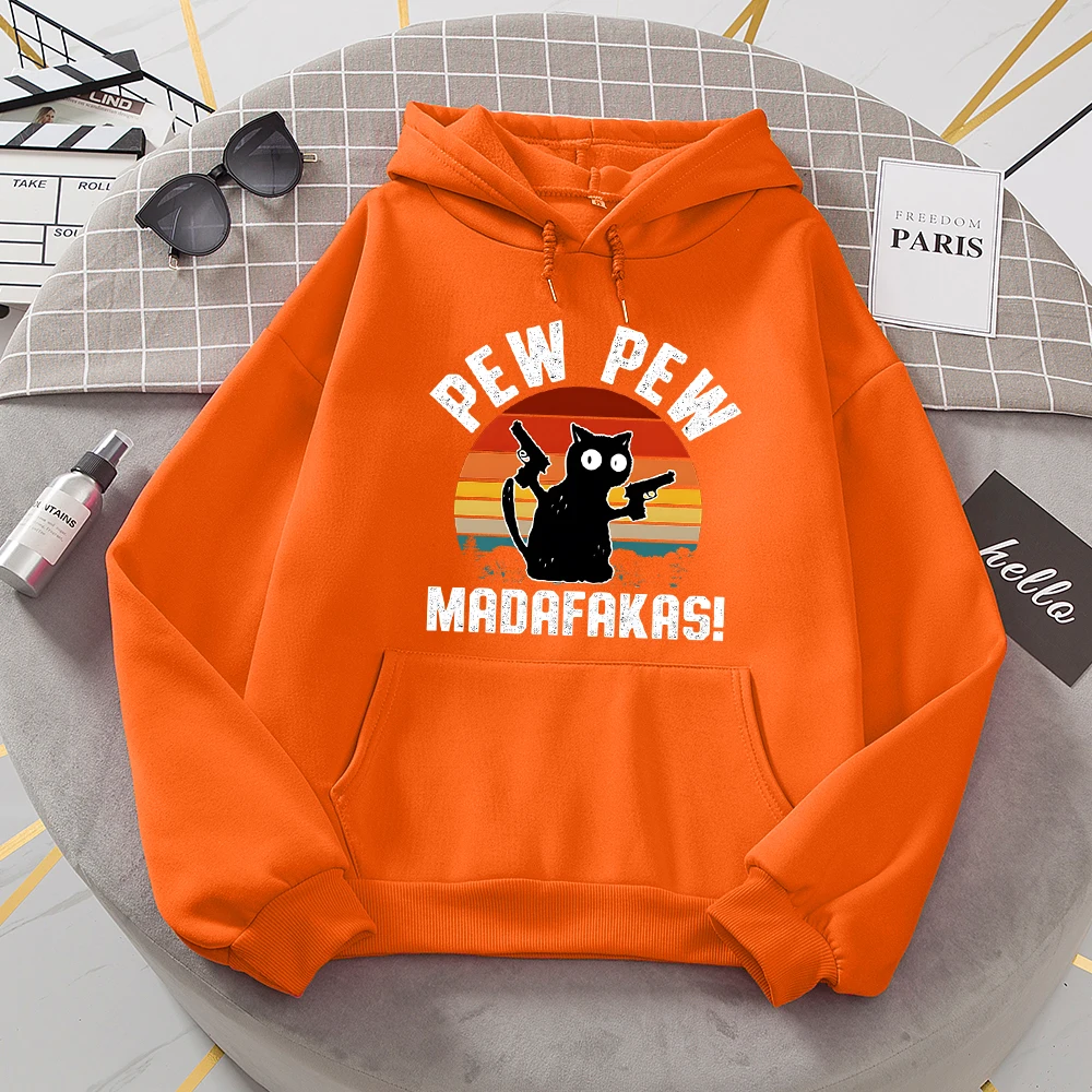 Pew Pew Madafakas Baby Black Cat With Two Guns Tracksuit Women Fleece Warm Pullover All Match Basic Hoodies Sport Fashion Hoody