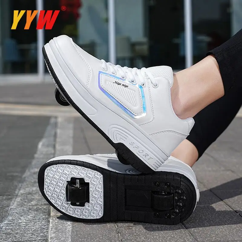 Kids Adult Roller Skates Shoes With 2 Wheels Automatic Invisible Skating Sneaker Black White Breatheable Outdoor Flying Shoes