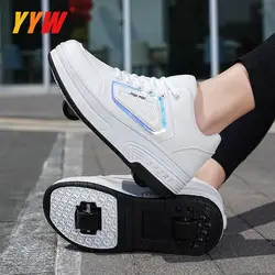 Zapatos de patines de ruedas con 2 ruedas para niños y adultos, zapatillas de patinaje invisibles automáticas, zapatos voladores para exteriores transpirables en blanco y negro