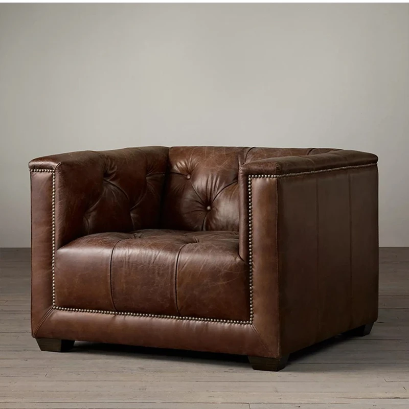 

Leather oil wax leather all cowhide sofa modern simple living room retro straight row three or four sofa small apartment