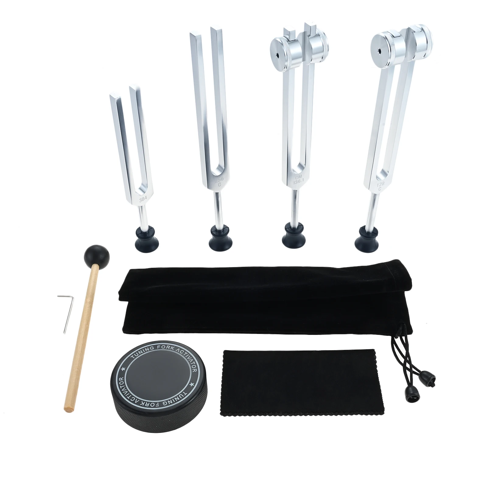 1Set128/136.1/256/384Hz Tuning Forks Aluminium Alloy With Hockey Puck Activator for Chakras Sound Therapy Meditation for Healing