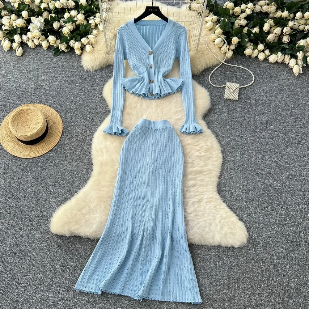 

Elegant V-neck Vintage Long Sleeve Chic Ruffle Knit Cardigan Slim High Waist Skirt French Evening High Street Autumn Winter Sets