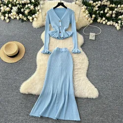 Elegant V-neck Vintage Long Sleeve Chic Ruffle Knit Cardigan Slim High Waist Skirt French Evening High Street Autumn Winter Sets