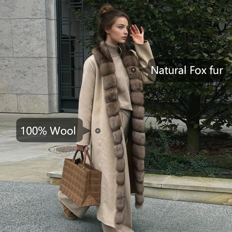 Casacos de pele de lã para mulheres casaco de caxemira real com gola de pele de raposa longo misturas de lã casaco de luxo nova jaqueta de pele real