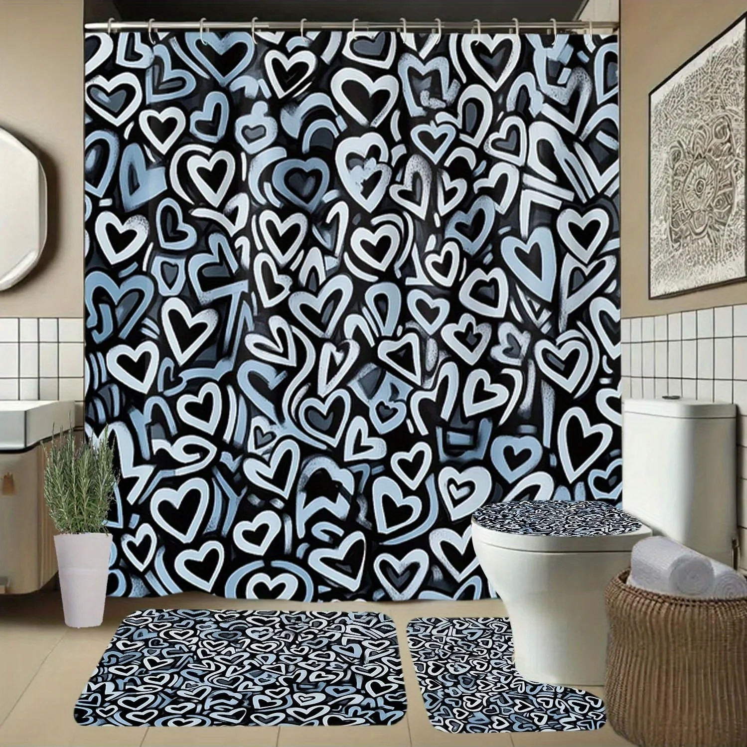 

4pcs Multi, Heart Shape, Patterned Shower Curtain with Hooks, Bathroom Partition Curtain, Bathroom Accessories, Home Deco