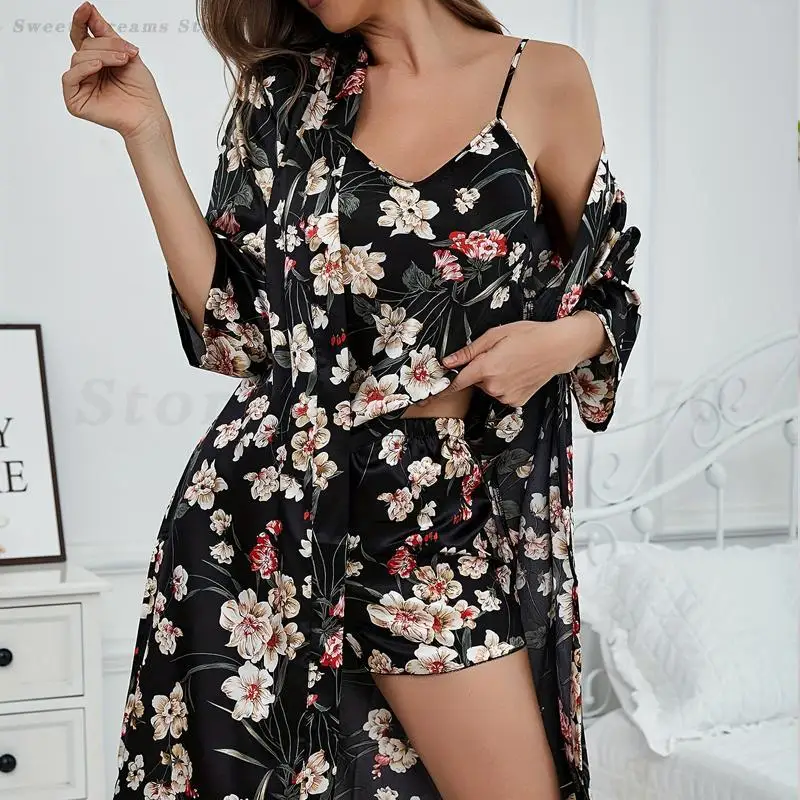 

Women 3PCS Robe Set Sexy Sleepwear Silk Satin Nightwear Home Wear Kimono Bathrobe Gown Print Flower Intimate Lingerie Loungewear
