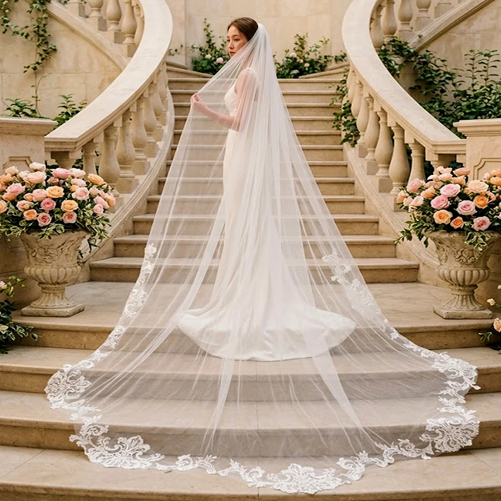 3M Long Cathedral Trailing Lace Floral Print Gorgeous Elegant Fashion Romantic Bride Wedding Veil With Comb Accessories VP273